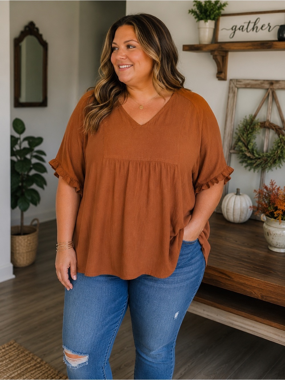 Andrée by Unit 1X Rust Dolman Sleeve Boho Rayon Blouse Relaxed V-Neck Top